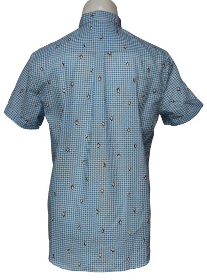 男士卡通图案格子网格休闲衬衫，浅蓝色格纹衬衫