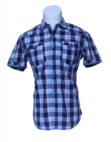 蓝白色网格棉质夏季男士短袖衬衫