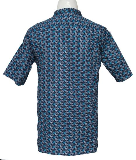 男士休闲棉质半袖衬衫，蓝色和灰色印花衬衫