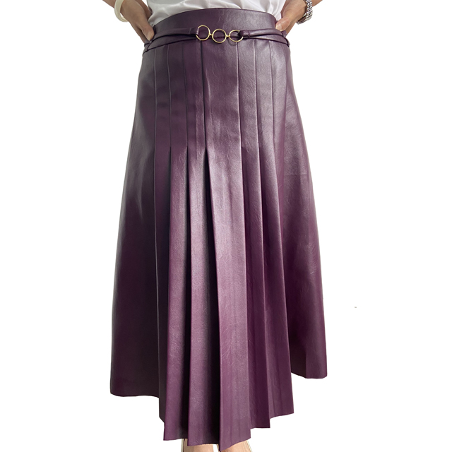 褶式PU女士连衣裙带金属环的紫色红色