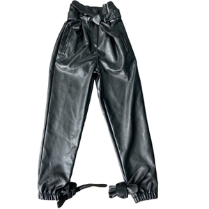 黑色高腰百褶腰带pu皮革铅笔腿裤长裤