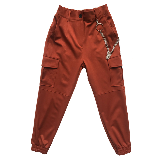 批发时尚铁锈红颜色凉快的女式裤子与链子